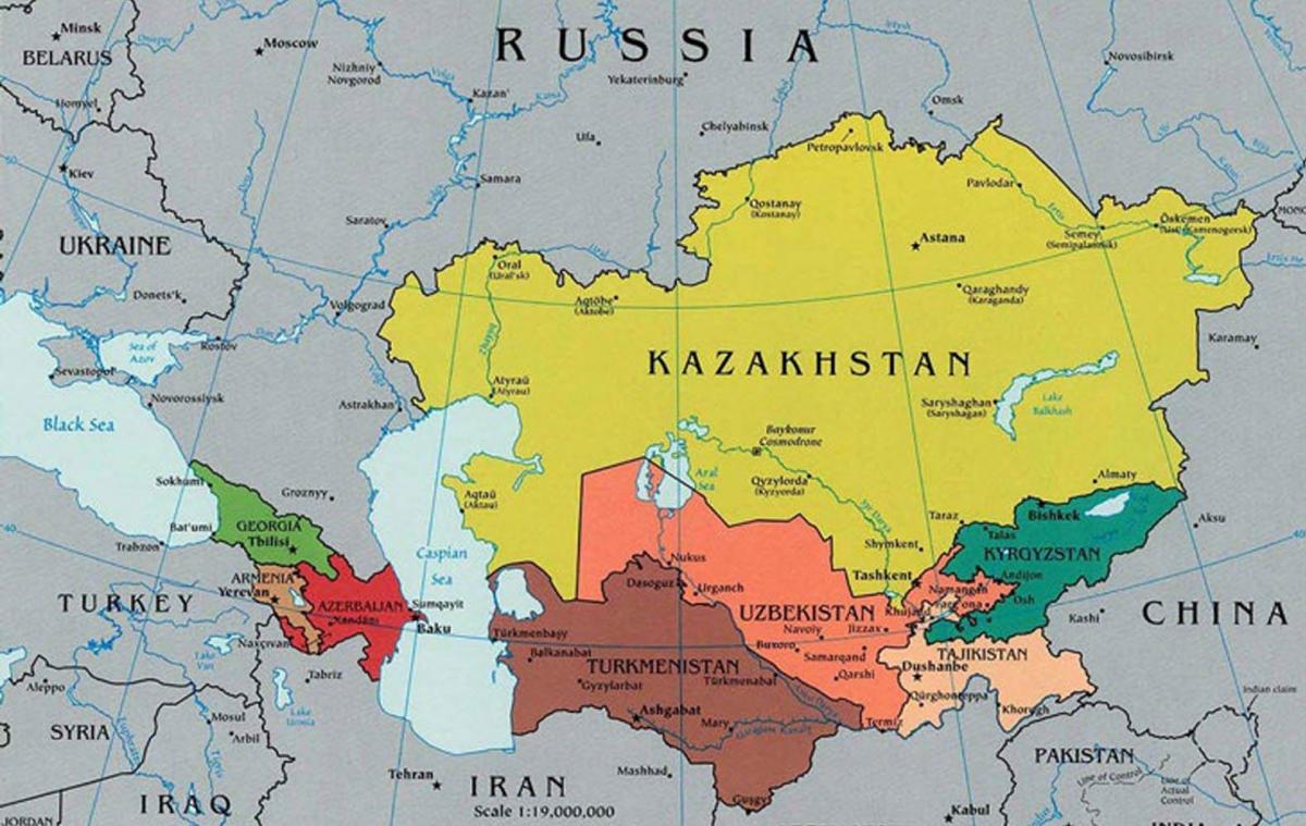 mapa Kazachstanu sąsiednich krajów